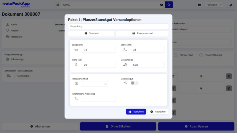 watoPackApp Printscreen Etikettoptionen DHL