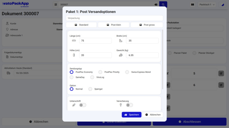 watoPackApp Printscreen Etikettoptionen Post